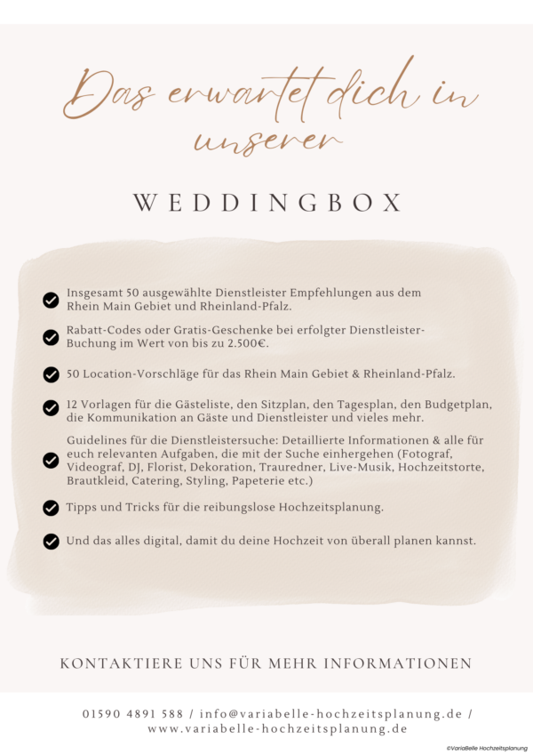 Weddingbox VariaBelle Hochzeitsplanung Hochzeitsplaner Rhein Main Rheinland Pfalz Wedding Weddingplanner DIY Philipp Kuhn Weddings Do it yourself